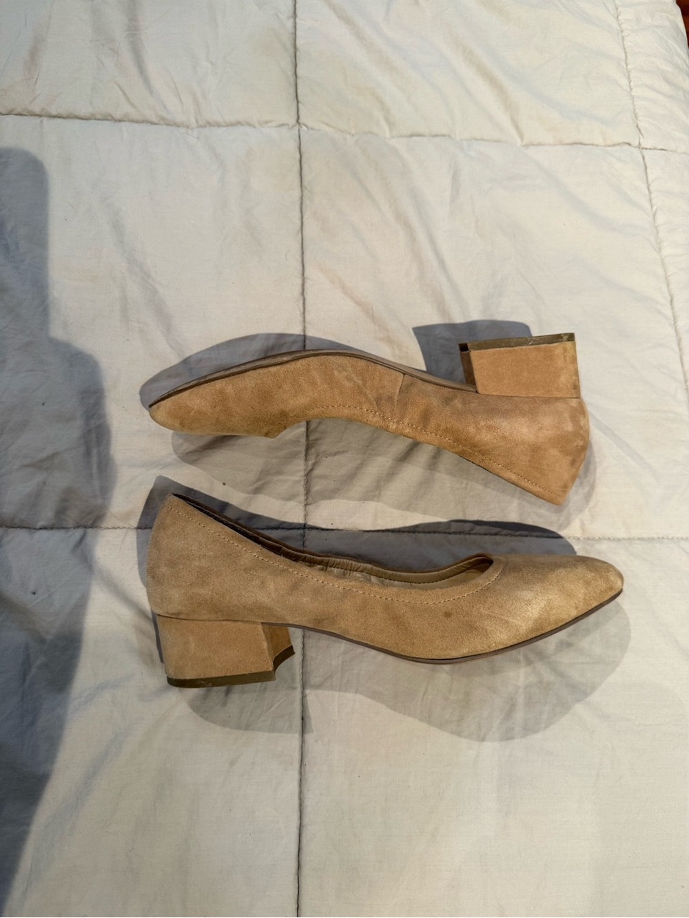 Franco Sarto Tan Suede Low Block Heel Pumps